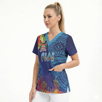 Fiji Day Scrub Top Coral Reef with Tapa Motifs and Hibiscus Ocean Vibe