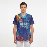 Fiji Day Scrub Top Coral Reef with Tapa Motifs and Hibiscus Ocean Vibe