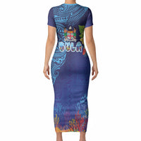 Fiji Day Short Sleeve Bodycon Dress Coral Reef with Tapa Motifs and Hibiscus Ocean Vibe