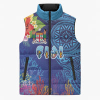 Fiji Day Sleeveless Puffer Jacket Coral Reef with Tapa Motifs and Hibiscus Ocean Vibe