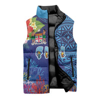 Fiji Day Sleeveless Puffer Jacket Coral Reef with Tapa Motifs and Hibiscus Ocean Vibe