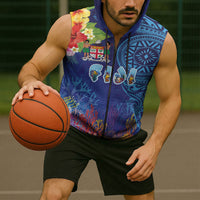 Fiji Day Sleeveless Zip Hoodie Coral Reef with Tapa Motifs and Hibiscus Ocean Vibe