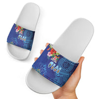 Fiji Day Slide Sandals Coral Reef with Tapa Motifs and Hibiscus Ocean Vibe