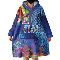 Fiji Day Wearable Blanket Hoodie Coral Reef with Tapa Motifs and Hibiscus Ocean Vibe