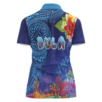 Fiji Day Women Polo Shirt Coral Reef with Tapa Motifs and Hibiscus Ocean Vibe