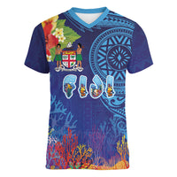 Fiji Day Women V-Neck T-Shirt Coral Reef with Tapa Motifs and Hibiscus Ocean Vibe