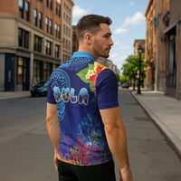Fiji Day Zipper Polo Shirt Coral Reef with Tapa Motifs and Hibiscus Ocean Vibe