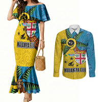 Malampa Fiji Day Couples Matching Mermaid Dress and Long Sleeve Button Shirt Tapa and Melanesian Patterns with Coat of Arms