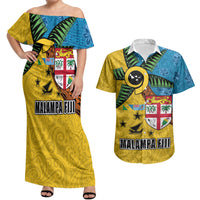 Malampa Fiji Day Couples Matching Off Shoulder Maxi Dress and Hawaiian Shirt Tapa and Melanesian Patterns with Coat of Arms