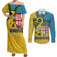 Malampa Fiji Day Couples Matching Off Shoulder Maxi Dress and Long Sleeve Button Shirt Tapa and Melanesian Patterns with Coat of Arms