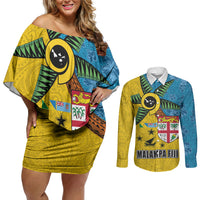 Malampa Fiji Day Couples Matching Off Shoulder Short Dress and Long Sleeve Button Shirt Tapa and Melanesian Patterns with Coat of Arms