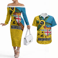 Malampa Fiji Day Couples Matching Off The Shoulder Long Sleeve Dress and Hawaiian Shirt Tapa and Melanesian Patterns with Coat of Arms