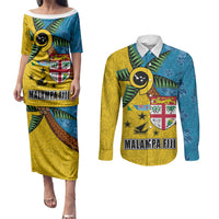 Malampa Fiji Day Couples Matching Puletasi and Long Sleeve Button Shirt Tapa and Melanesian Patterns with Coat of Arms