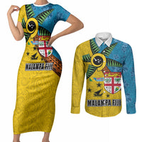 Malampa Fiji Day Couples Matching Short Sleeve Bodycon Dress and Long Sleeve Button Shirt Tapa and Melanesian Patterns with Coat of Arms