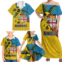 Malampa Fiji Day Family Matching Off Shoulder Maxi Dress and Hawaiian Shirt Tapa and Melanesian Patterns with Coat of Arms