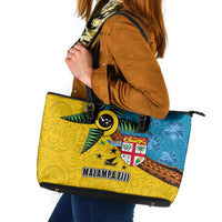 Malampa Fiji Day Leather Tote Bag Tapa and Melanesian Patterns with Coat of Arms