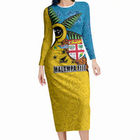 Malampa Fiji Day Long Sleeve Bodycon Dress Tapa and Melanesian Patterns with Coat of Arms