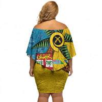 Malampa Fiji Day Off Shoulder Short Dress Tapa and Melanesian Patterns with Coat of Arms