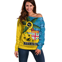 Malampa Fiji Day Off Shoulder Sweater Tapa and Melanesian Patterns with Coat of Arms