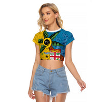 Malampa Fiji Day Raglan Cropped T Shirt Tapa and Melanesian Patterns with Coat of Arms