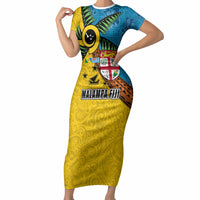 Malampa Fiji Day Short Sleeve Bodycon Dress Tapa and Melanesian Patterns with Coat of Arms