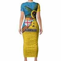 Malampa Fiji Day Short Sleeve Bodycon Dress Tapa and Melanesian Patterns with Coat of Arms