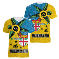Malampa Fiji Day Women V-Neck T-Shirt Tapa and Melanesian Patterns with Coat of Arms