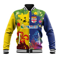 Malampa Fiji Day Baseball Jacket Volcano and Coral Reef with Culture Patterns Split Style