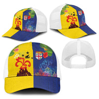 Malampa Fiji Day Baseball Net Cap Volcano and Coral Reef with Culture Patterns Split Style