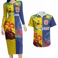 Malampa Fiji Day Couples Matching Long Sleeve Bodycon Dress and Hawaiian Shirt Volcano and Coral Reef with Culture Patterns Split Style