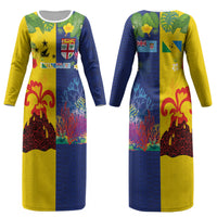Malampa Fiji Day Couples Matching Long Sleeve Bodycon Dress and Hawaiian Shirt Volcano and Coral Reef with Culture Patterns Split Style
