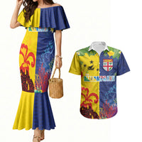 Malampa Fiji Day Couples Matching Mermaid Dress and Hawaiian Shirt Volcano and Coral Reef with Culture Patterns Split Style