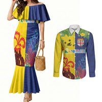 Malampa Fiji Day Couples Matching Mermaid Dress and Long Sleeve Button Shirt Volcano and Coral Reef with Culture Patterns Split Style