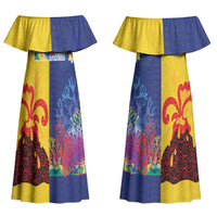 Malampa Fiji Day Couples Matching Off Shoulder Maxi Dress and Hawaiian Shirt Volcano and Coral Reef with Culture Patterns Split Style