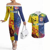 Malampa Fiji Day Couples Matching Off The Shoulder Long Sleeve Dress and Hawaiian Shirt Volcano and Coral Reef with Culture Patterns Split Style