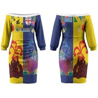 Malampa Fiji Day Couples Matching Off The Shoulder Long Sleeve Dress and Long Sleeve Button Shirt Volcano and Coral Reef with Culture Patterns Split Style