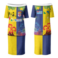 Malampa Fiji Day Couples Matching Puletasi and Long Sleeve Button Shirt Volcano and Coral Reef with Culture Patterns Split Style