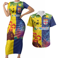 Malampa Fiji Day Couples Matching Short Sleeve Bodycon Dress and Hawaiian Shirt Volcano and Coral Reef with Culture Patterns Split Style
