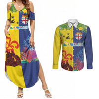 Malampa Fiji Day Couples Matching Summer Maxi Dress and Long Sleeve Button Shirt Volcano and Coral Reef with Culture Patterns Split Style