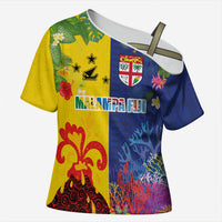 Malampa Fiji Day Cross Shoulder Shirt Volcano and Coral Reef with Culture Patterns Split Style