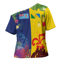 Malampa Fiji Day Cross Shoulder Shirt Volcano and Coral Reef with Culture Patterns Split Style
