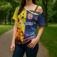 Malampa Fiji Day Cross Shoulder Shirt Volcano and Coral Reef with Culture Patterns Split Style