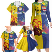 Malampa Fiji Day Family Matching Long Sleeve Bodycon Dress and Hawaiian Shirt Volcano and Coral Reef with Culture Patterns Split Style