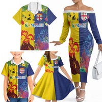 Malampa Fiji Day Family Matching Off The Shoulder Long Sleeve Dress and Hawaiian Shirt Volcano and Coral Reef with Culture Patterns Split Style