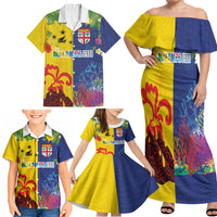 Malampa Fiji Day Family Matching Off Shoulder Maxi Dress and Hawaiian Shirt Volcano and Coral Reef with Culture Patterns Split Style