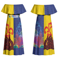 Malampa Fiji Day Family Matching Off Shoulder Maxi Dress and Hawaiian Shirt Volcano and Coral Reef with Culture Patterns Split Style