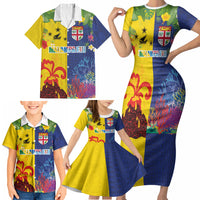 Malampa Fiji Day Family Matching Short Sleeve Bodycon Dress and Hawaiian Shirt Volcano and Coral Reef with Culture Patterns Split Style