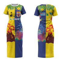Malampa Fiji Day Family Matching Short Sleeve Bodycon Dress and Hawaiian Shirt Volcano and Coral Reef with Culture Patterns Split Style