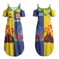 Malampa Fiji Day Family Matching Summer Maxi Dress and Hawaiian Shirt Volcano and Coral Reef with Culture Patterns Split Style