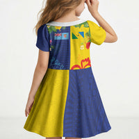 Malampa Fiji Day Kid Short Sleeve Dress Volcano and Coral Reef with Culture Patterns Split Style